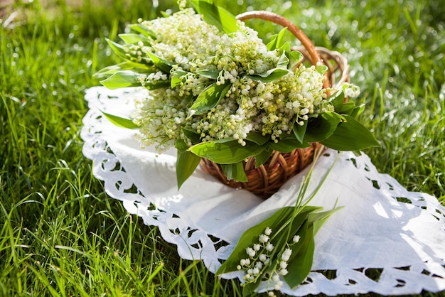 Beau bouquet de muguet dans le panier