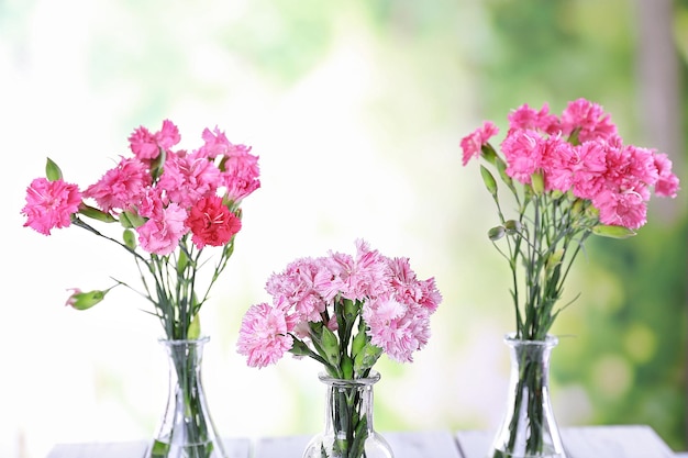 Beau bouquet d'oeillet rose dans des vases sur fond clair