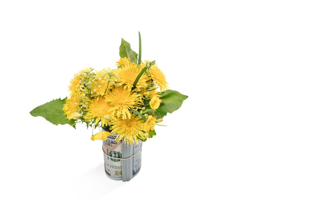 Beau bouquet de printemps avec des pissenlits et des fleurs sauvages debout dans un tas de dollars isolé sur fond blanc