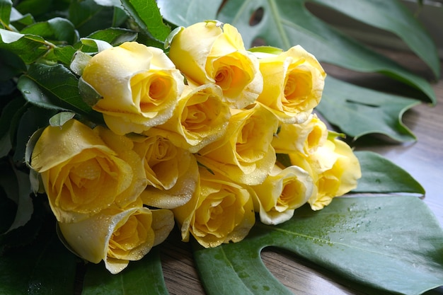 Un beau bouquet de rose jaune sur la feuille verte de Monstera Deliciosa