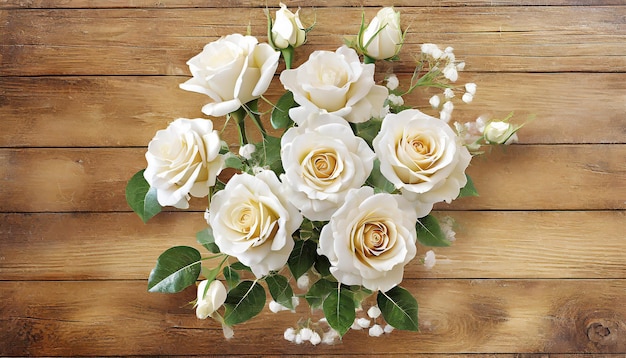 Beau bouquet de roses blanches sur fond de bois