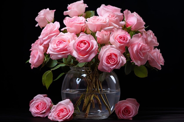 Un beau bouquet de roses roses dans un vase en verre