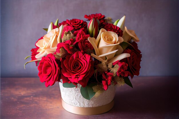 un beau bouquet de roses rouges et de fleurs de lys