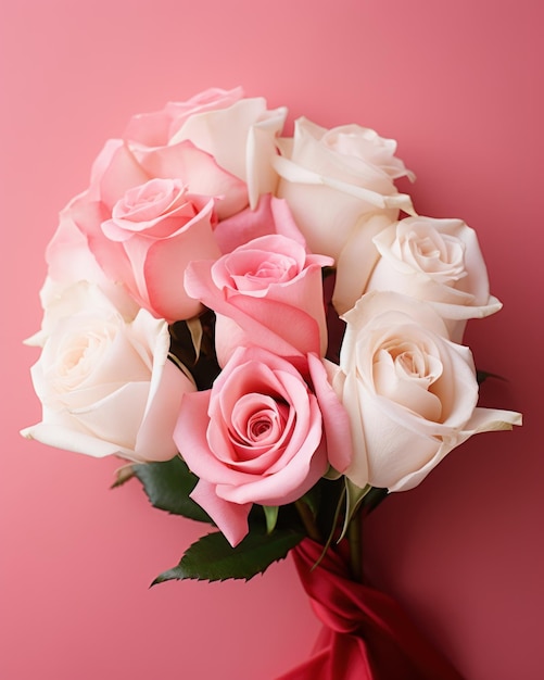 Beau bouquet de roses avec ruban rose