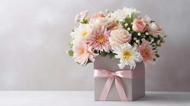 Beau bouquet tendre de fleurs dans une boîte blanche sur fond clair avec un espace pour t AI générative