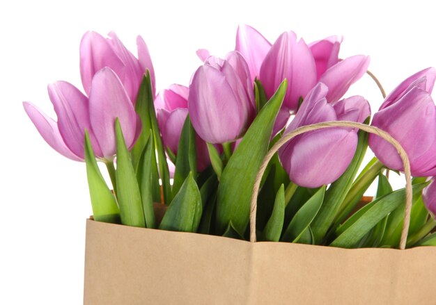 Beau bouquet de tulipes violettes dans un sac en papier, isolé sur blanc