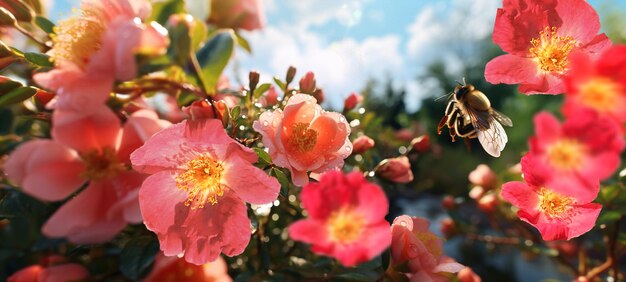 beau buisson de roses sur la plage sauvage ciel bleu abeille sur les fleurs mais