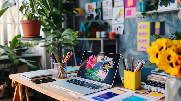 Photo un beau bureau à la maison avec un grand bureau en bois