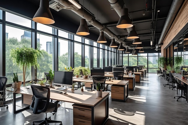 Beau bureau avec plantes et éléments en bois à l'intérieur