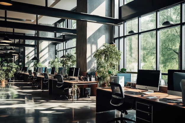 Beau bureau avec plantes et éléments en bois à l'intérieur