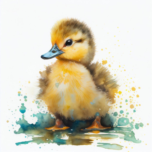 Beau canard jaune aquarelle avec des taches d'aquarelle AI générative