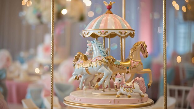 Photo un beau carrousel avec des chevaux roses et blancs le carrousel est décoré avec des accents dorés et a une canopée rayée rose et blanche