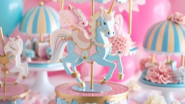 Un beau carrousel avec une licorne et un lapin Le carrousel est décoré de fleurs roses et bleues Le fond est d'une douce couleur rose