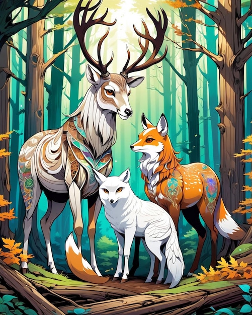 Un beau cerf un cheval brun une chouette blanche un beau renard tout dans le bois la nature hypnotisante