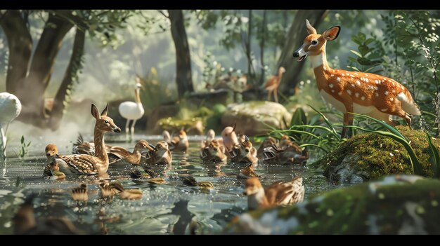 Photo un beau cerf se tient au bord d'un étang en regardant une famille de canards nager.