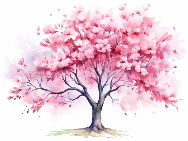 Beau cerisier avec des fleurs roses Illustration vectorielle à l'aquarelle IA générative
