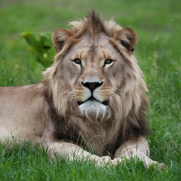 Le beau César Lion dans l'herbe