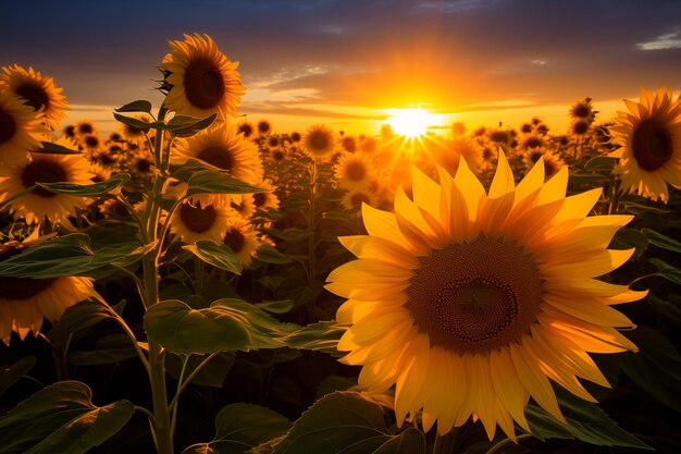 Beau champ agricole de tournesol en fleurs contre le coucher du soleil AI générative