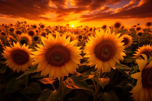 Beau champ agricole de tournesol en fleurs contre le coucher du soleil AI générative