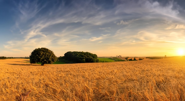 Photo un beau champ de blé avec un majestueux coucher de soleil en arrière-plan