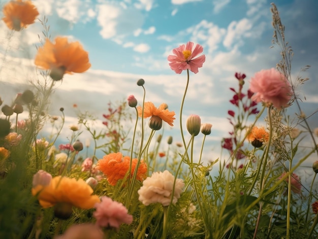 Un beau champ d'été de fleurs de cosmos colorées lumière naturelle du soleil et fond de ciel d'été brillant AI générative