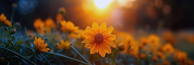 Un beau champ de fleurs avec une chaude lueur dorée au lever du soleil