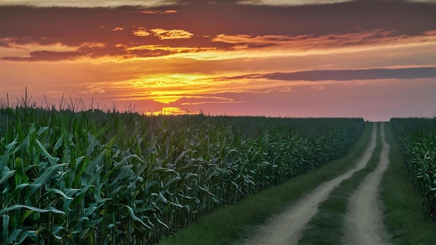 Un beau champ de maïs vert avec un ciel au coucher du soleil