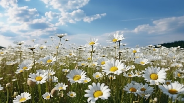 beau champ de marguerites avec ciel bleu ultra détaillé AI générative