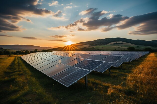 Beau champ de panneaux solaires photovoltaïques en campagne au coucher du soleil IA générative