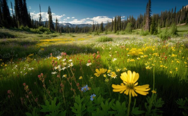 Beau champ de prairie avec de l'herbe fraîche et des fleurs de pissenlit jaunes dans la nature contre