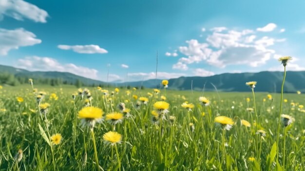 Beau champ de prairie avec de l'herbe fraîche et jaune