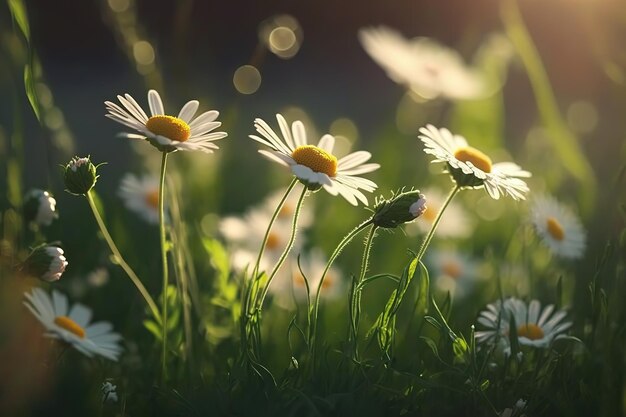 Un beau champ de printemps avec des marguerites et des papillonsLa beauté de la nature Generative AI