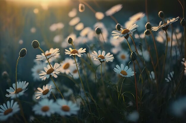 Un beau champ de printemps avec des marguerites et des papillonsLa beauté de la nature Generative AI