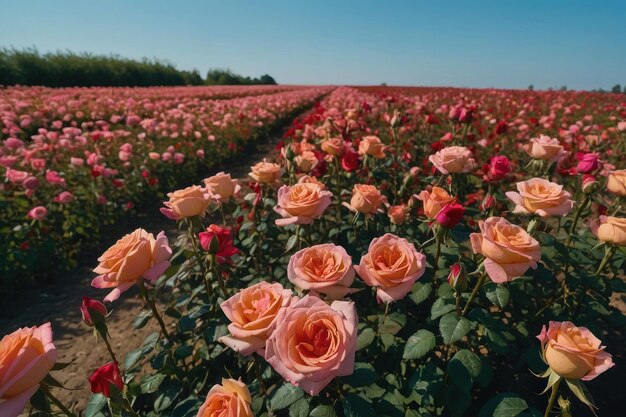 Photo un beau champ de roses avec un ciel bleu clair