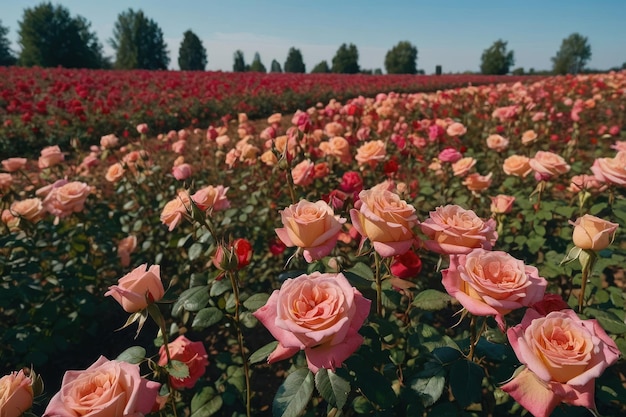 Photo un beau champ de roses avec un ciel bleu clair