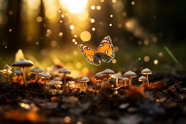 Photo beau champignon papillon dans la nature avec le coucher de soleil dans la jungle