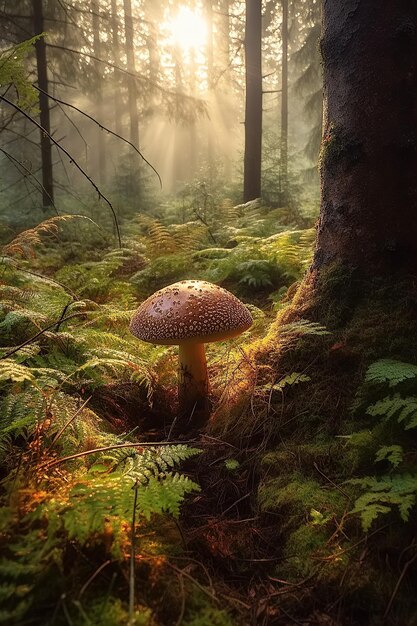 Beau champignon poussant dans l'herbe en forêt par une journée d'été ensoleillée Illustration de l'IA générative