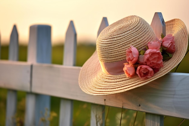 Beau chapeau de paille avec des roses roses sur la clôture au coucher du soleil