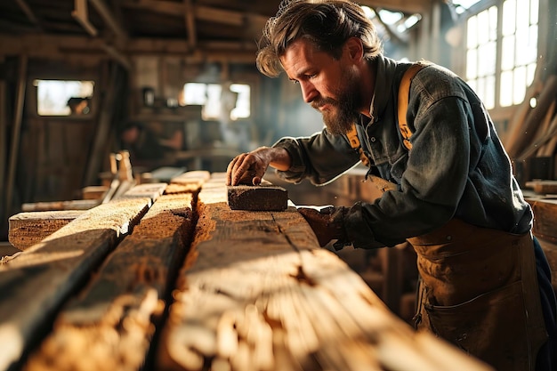 Photo un beau charpentier travaillant avec du bois.