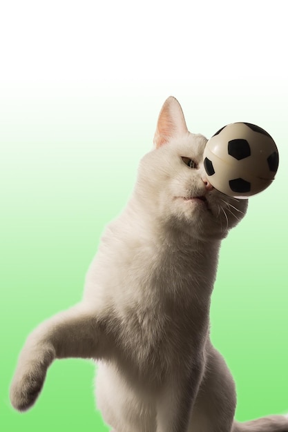 Un beau chat adulte blanc joue à la Coupe du monde avec une balle jouet qu'il lance et attrape