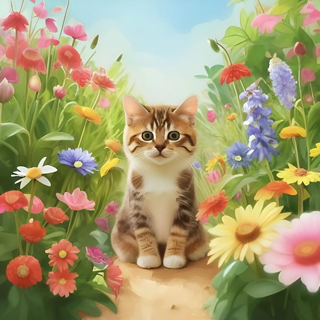 Beau chat assis avec des fleurs dans le jardin