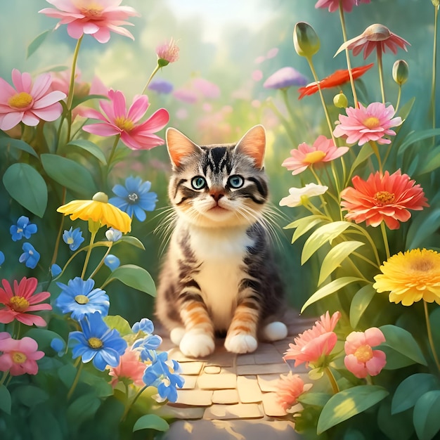 Beau chat assis avec des fleurs dans le jardin