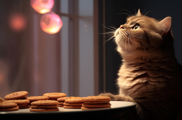 Beau chat et biscuits sur la table près de la fenêtre à la maison en gros plan