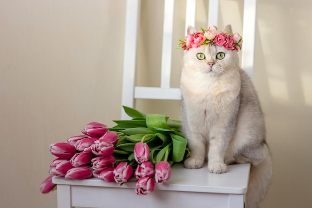 Un beau chat blanc dans une couronne de fleurs roses est assis avec un bouquet de tulipes roses sur fond clair