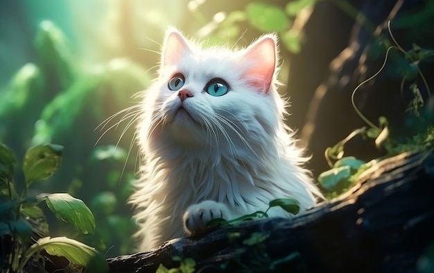 Un beau chat blanc regardant vers le bas avec une expression inquiète Generative Ai