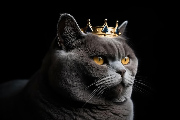Beau chat British Shorthair en couronne d'or sur fond noir mat AI générative