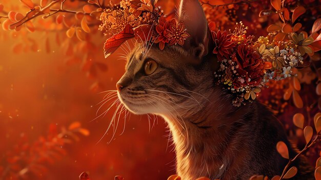 Un beau chat avec une couronne de fleurs sur la tête est assis dans un champ de fleurs