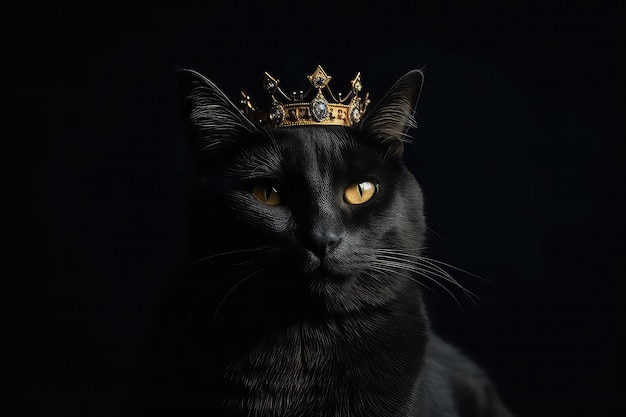 Beau chat en couronne d'or sur fond noir mat AI générative