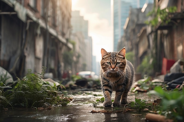 Beau chat dans la rue verte de la ville