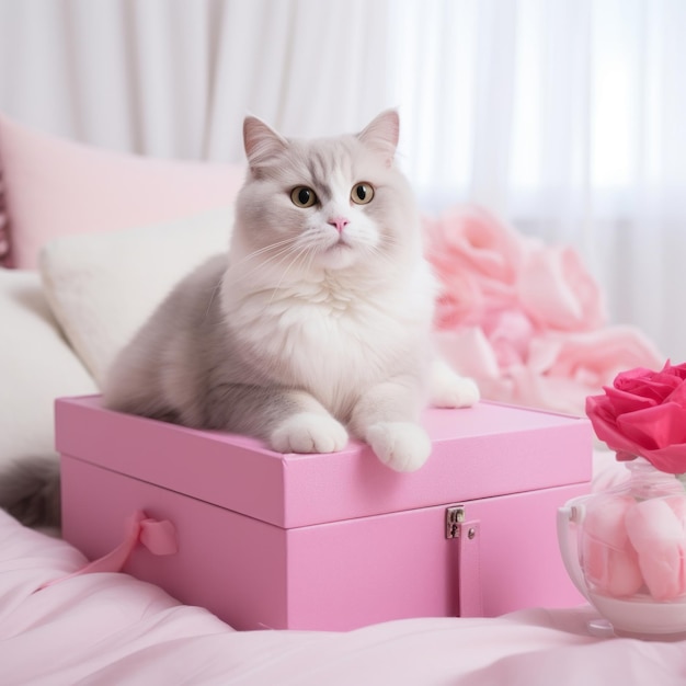 le beau chat domestique est assis sur la boîte cadeau rose sur le lit blanc et rose